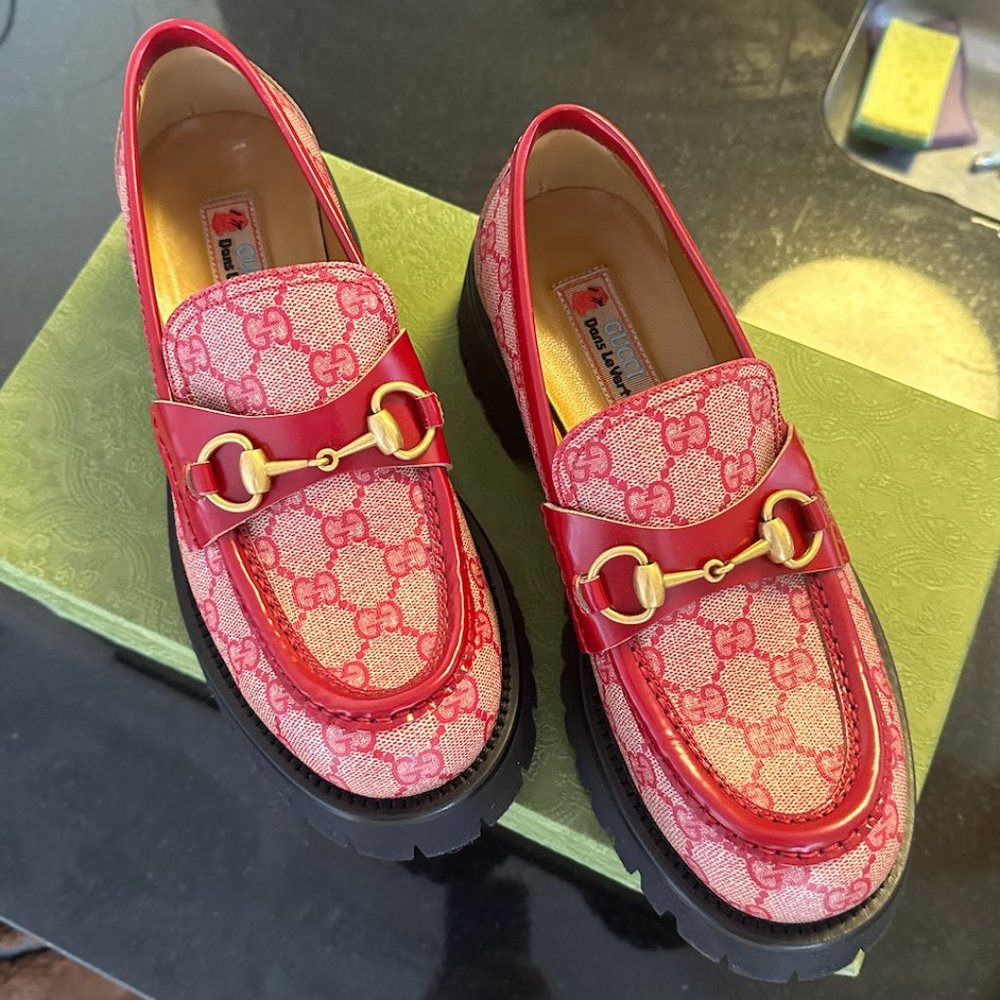 Gucci Women's Harald Horsebit Loafers GG Canvas — Red